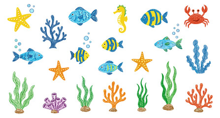 Whimsical underwater world vector illustration with playful crayon-textured marine animals like colorful fish, starfish, seahorse, and crab surrounded by various vibrant corals and seaweed, perfect
