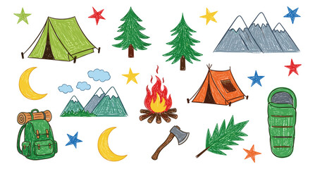 Colorful hand drawn doodle illustration of various outdoor adventure elements, including camping tents, mountains, campfire, pine trees, backpack, and sleeping bag, perfect for nature-themed designs
