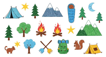 Hand-drawn camping adventure elements featuring colorful illustrations of tents, majestic mountains, lush trees, glowing campfires, and wild forest animals, perfect for a whimsical outdoor nature