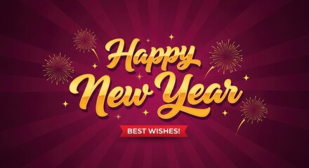 Golden happy new year greeting text with fireworks and best wishes on a deep red background