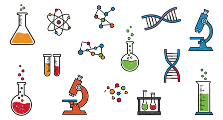 A vibrant collection of scientific research icons featuring laboratory equipment, molecular structures, and genetic symbols, perfect for educational materials and technology concepts