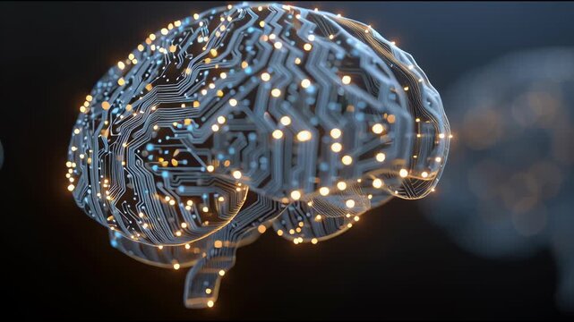 Brain Circuitry: A digital representation of a human brain, intricately interwoven with glowing circuits, illustrating the complex interplay of thought and intelligence.