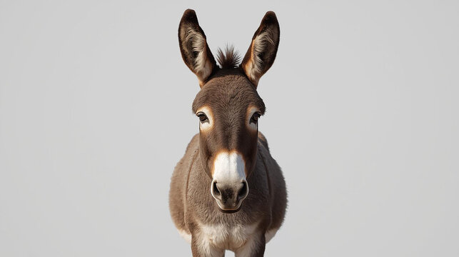 Captivating close-up portrait of a brown donkey, front view, isolated on a clean white background. Adorable domestic farm animal with expressive eyes, perfect for various projects.