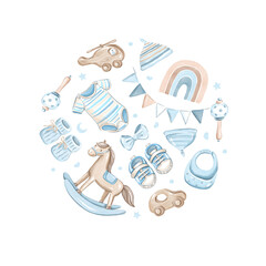 Baby Boy Clothes and Toys watercolor Circle Composition