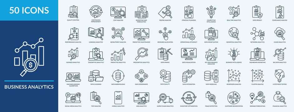 Business analytics icon set. Containing quality control ,operational efficiency,continuous improvement,data monetization, data mining and more. Outline vector icons collection