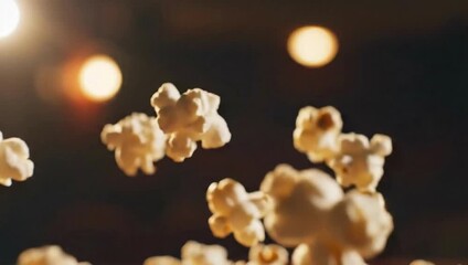 Fluffy Popcorn Flying in Slow Motion Against Dark Bokeh Background - Powered by Adobe
