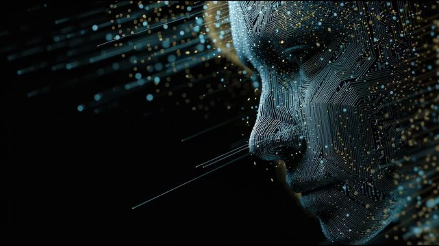 Mind's Eye: A textured face emerges from a symphony of particles, symbolizing thought, perception, and the complexity of the mind.