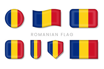 Set of Romania Flag Icons in various shapes 3d style