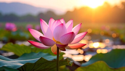 Close-up of pink lotus flower with sunburst in the background, and green leaves visible in the foreground