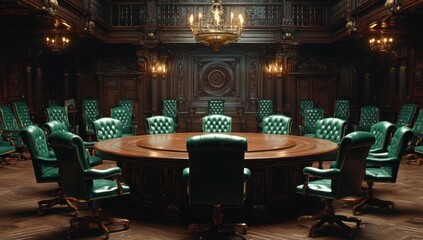 Opulent boardroom with circular table, green chairs, ornate wood paneling, chandeliers