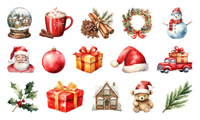 Fototapeta premium PNG Festive holiday watercolor illustrations, element set on transparent background