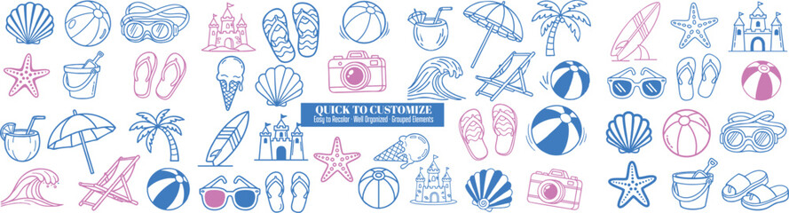 Fototapeta premium Hand drawn doodle style summer beach icon set with umbrellas, palm trees, seashells, flip flops, cameras and beach balls in blue and pink outline vector art