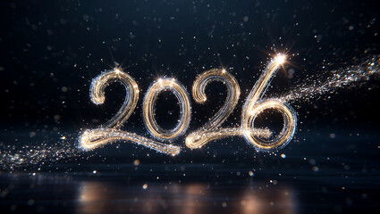 Sparkling Golden 2026 with Glittering Light Trails on Dark Background