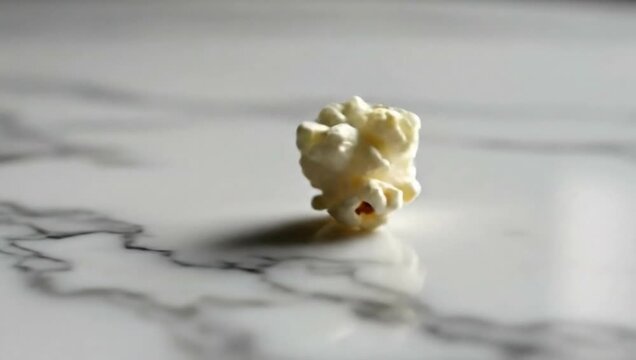 Single Popcorn Piece Rotating on Marble Minimalist Food Video