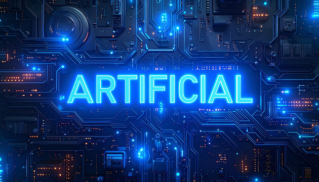 Neon text “ARTIFICIAL” on futuristic digital background with glowing circuits
