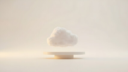 Simple 3D render of a cloud icon floating above a minimal platform with soft lighting. Centered composition with ample copyspace for text or design.