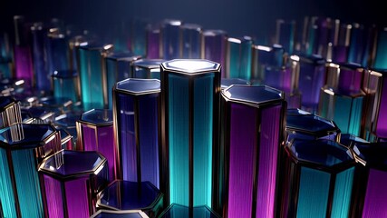 Futuristic 3D hexagonal columns moving in a rhythmic wave with glowing purple and cyan neon lights, creating an abstract technology background for data visualization. - Powered by Adobe