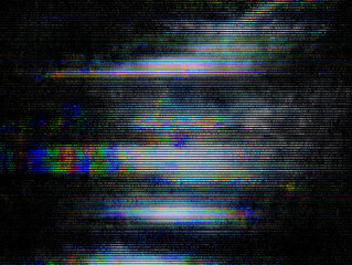 Horizontal lines of tv static with color distortion and black background in a glitchy effect.