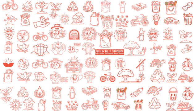 Hand drawn eco doodle icon set with bicycles, recycling bins, reusable bags, solar panels and cute earth characters for world environment day posters and green lifestyle branding