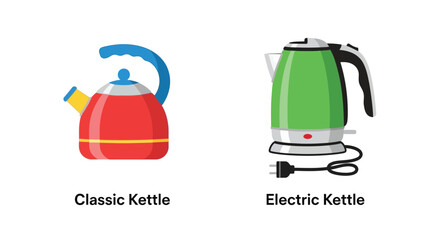 Illustration of a classic red kettle and a modern green electric kettle