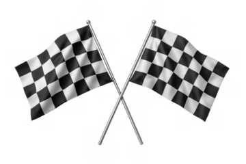 Checkered flags crossing, symbolizing racing competition, success, start, finish line, and achievement on transparent background