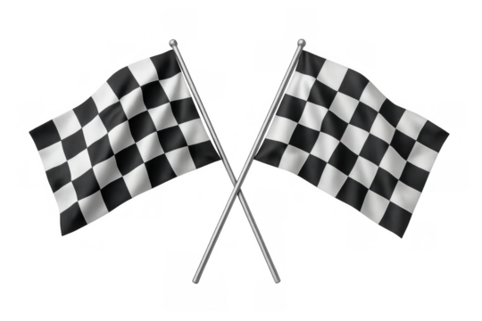 Checkered flags crossing, symbolizing racing competition, success, start, finish line, and achievement on transparent background