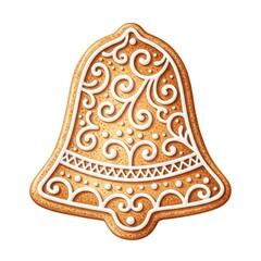 Decorative gingerbread cookie shaped like a bell with intricate swirling