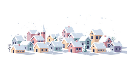 Fototapeta premium A charming illustrated village with colorful houses and a church covered in snow during winter.