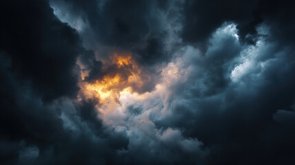 Dramatic clouds with sunlight peeking through in stormy sky