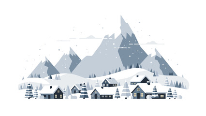 A serene winter landscape illustration of a cozy village nestled in a snowy mountain valley with falling snow.