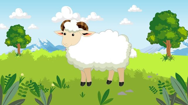Cartoon Sheep Animation in Lush Meadow Under Bright Sky With Trees and Mountains