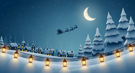 Illustration of snowy village at night with Santa and reindeer flying across moonlit sky, evokes peaceful winter holiday celebration atmosphere