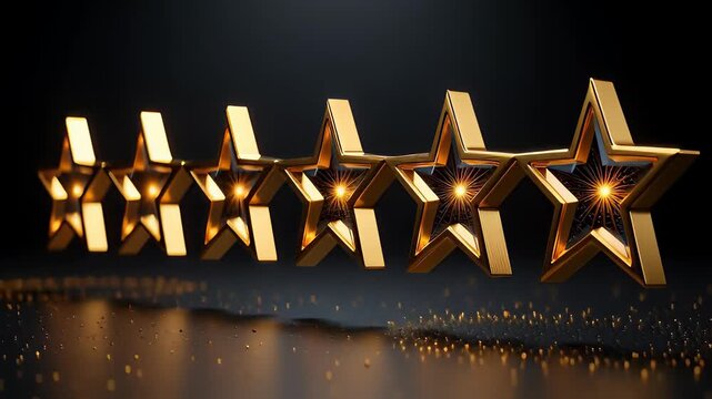 Five golden stars rotating in a seamless loop against a dark background with sparkles, representing top quality ratings and customer excellence.