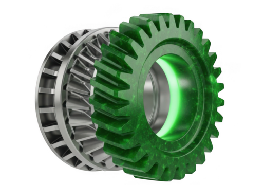 Green translucent gear and turbine blades isolated on transparent background for industry and technology concepts