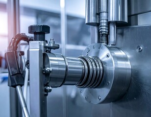 Close-up of polished metal machine part with bellows, fasteners, and tubing in industrial setting, light flares