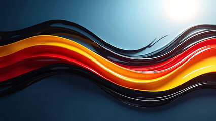 Waves of black, red, and yellow curve across blue—light glows from the corner, evoking motion, pride, and the abstract pulse of national identity.
