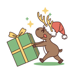 Obraz premium Cute cartoon reindeer wearing a santa hat carrying a christmas gift