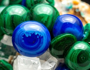 Close-up of polished blue and green banded azurmalachite stones atop clear crystal clusters