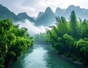 Emerald river winds through lush bamboo forest, misty mountains beyond, serene landscape