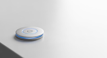 Modern wireless device on sleek surface evokes technology connection, highlighting minimalist round puck with power button. Wireless device emits soft blue glow,