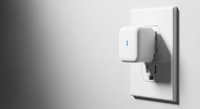Communication technology shown with plug and outlet on bright white wall, indoor setting. Modern plug symbolizes communication technology, providing electricity and networking capabilities to device.