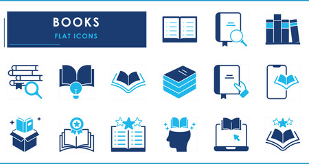 A set of flat icons related to Books. Study, idea, intelligence, gift, research, and so on. Various styles and types of books.