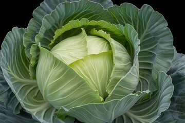 Obraz premium Fresh cabbage displayed on a dark background, crisp green leaves layered beautifully, ideal for healthy meals.