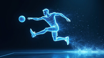 Holographic soccer player kicks mid-air—blue particles and glowing lines evoke motion, precision, and the electrified pulse of futuristic athleticism.
