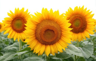 Obraz premium Close-up of three vibrant sunflowers with golden petals, green leaves, and a bright sky
