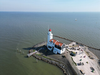 Drone view of the famous Lighthouse of Marken or Paard van Marken, The Netherlands
