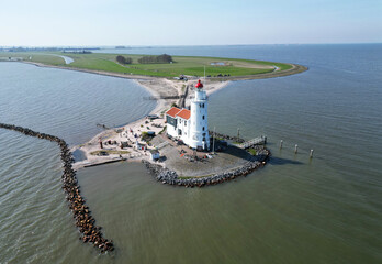 Drone view of the famous Lighthouse of Marken or Paard van Marken, The Netherlands