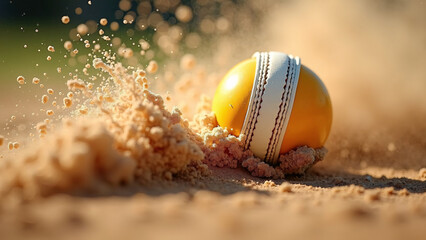 Yellow cricket ball kicks up sand—motion blur and scattered grains evoke speed, impact, and the raw energy of the game.
