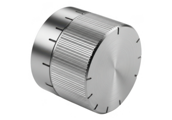 Metal rotary knob isolated on transparent background for audio equipment volume control and electronic device adjustment