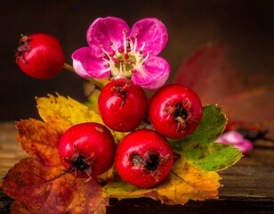 Close-up of red berries and a pink flower atop autumn leaves on a weathered wooden surface